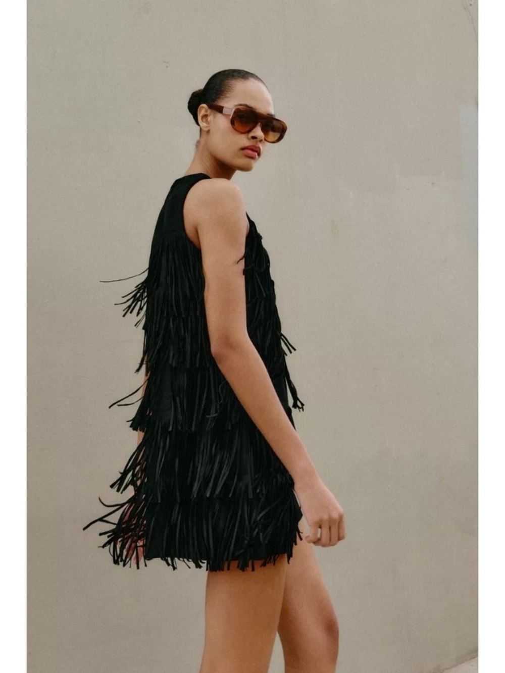 Zara Fringe Faux Suede Shift Mini Dress - Black L